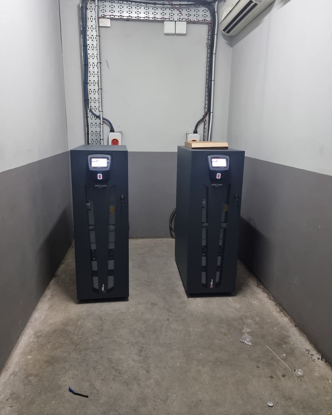 Two Riello Sentryum UPS cabinets installed in a clean plant room
